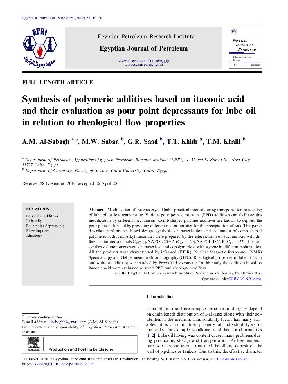 Synthesis of polymeric additives based on itaconic acid and their evaluation as pour point depressants for lube oil in relation to rheological flow properties 