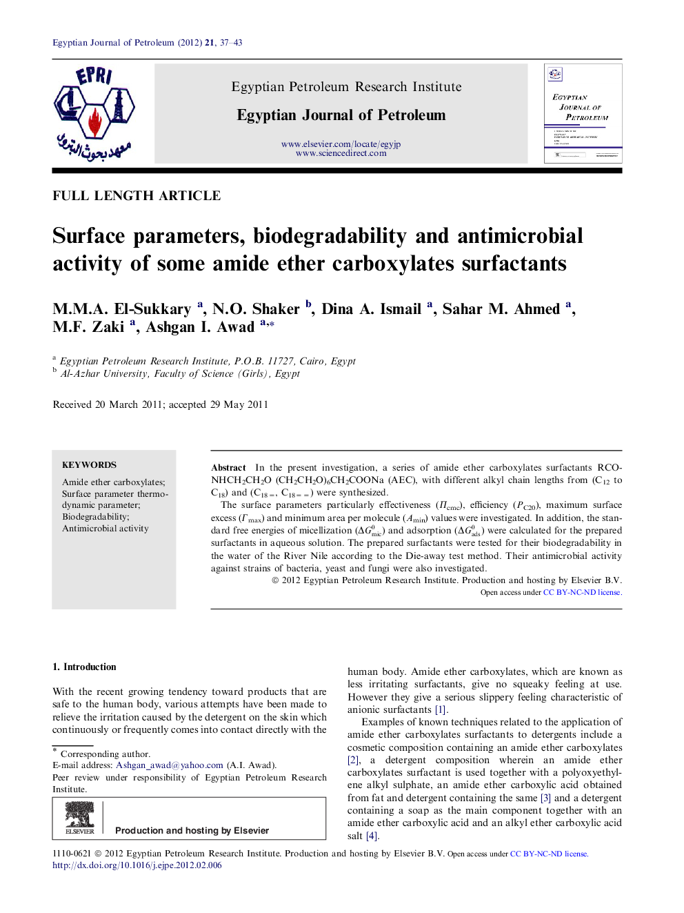 Surface parameters, biodegradability and antimicrobial activity of some amide ether carboxylates surfactants 