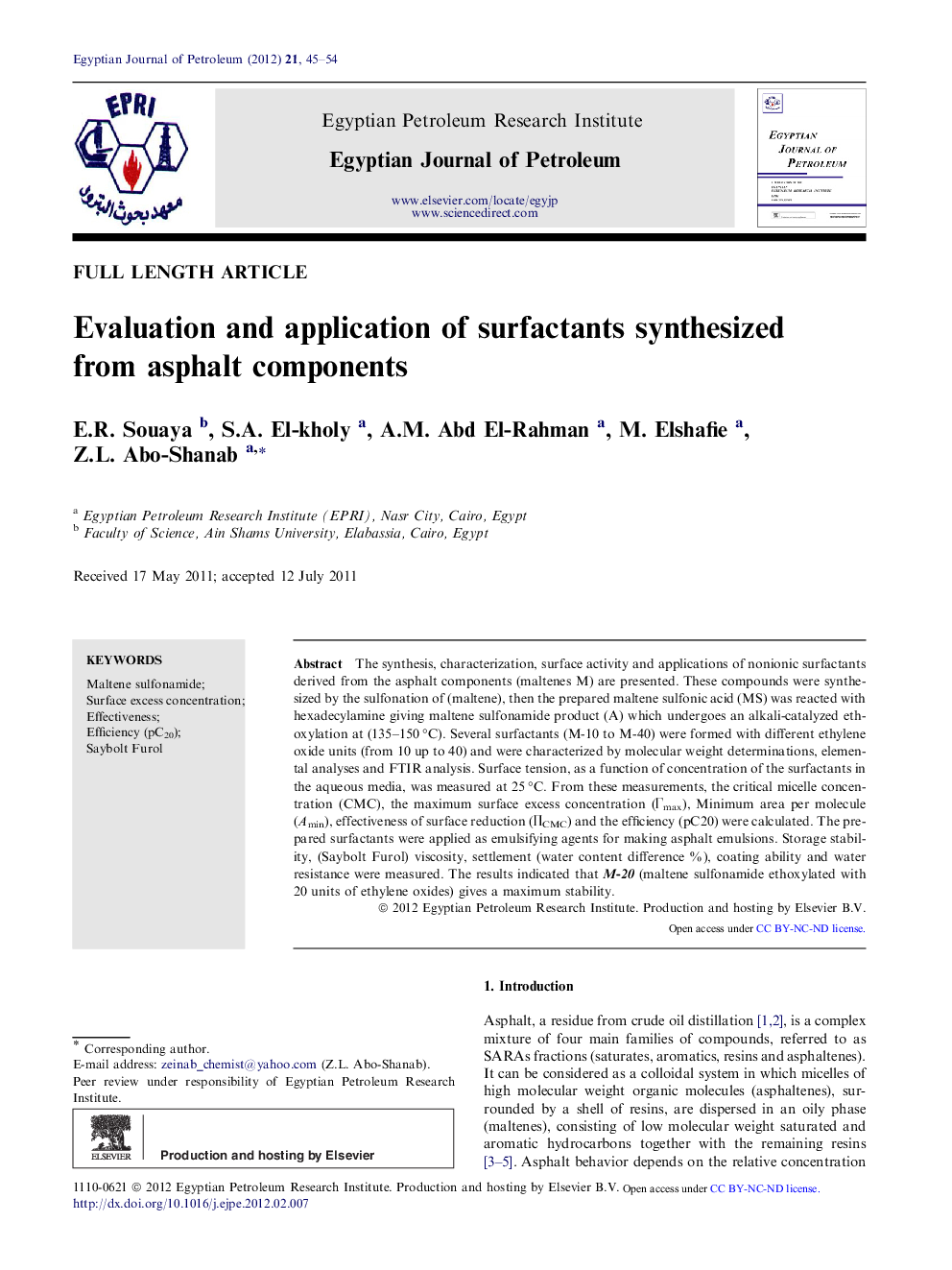 Evaluation and application of surfactants synthesized from asphalt components 