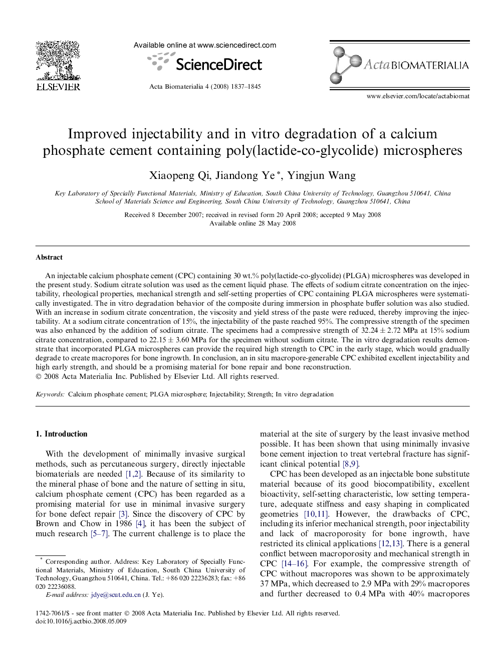 Improved injectability and in vitro degradation of a calcium phosphate cement containing poly(lactide-co-glycolide) microspheres