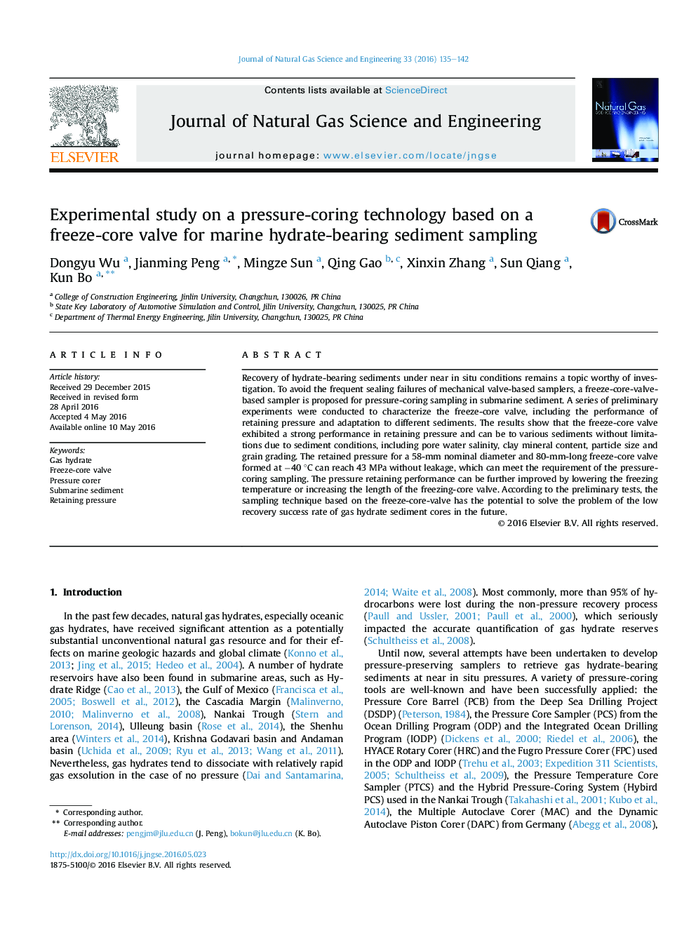 Experimental study on a pressure-coring technology based on a freeze-core valve for marine hydrate-bearing sediment sampling