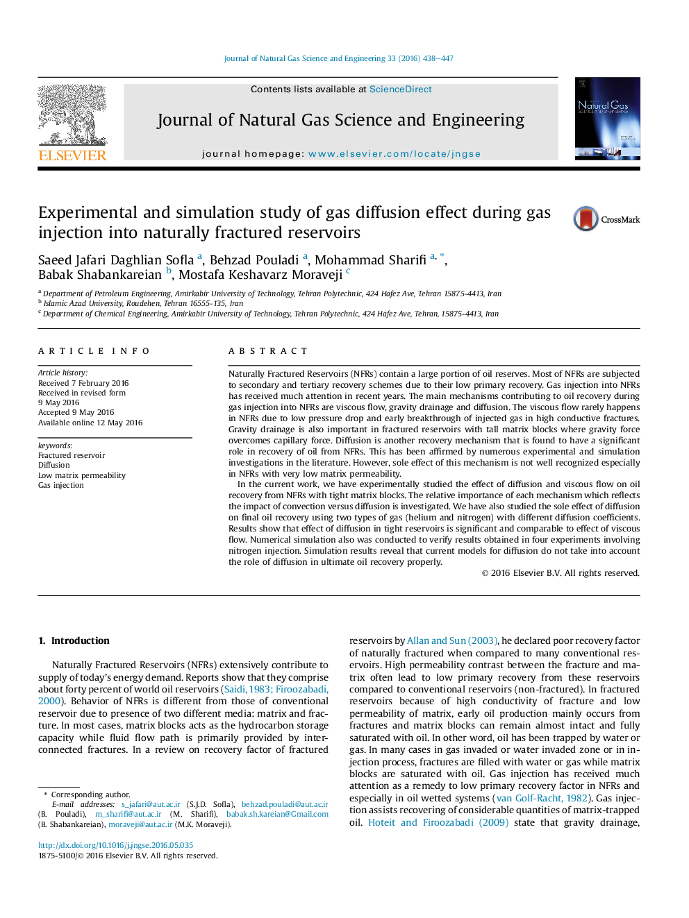 Experimental and simulation study of gas diffusion effect during gas injection into naturally fractured reservoirs