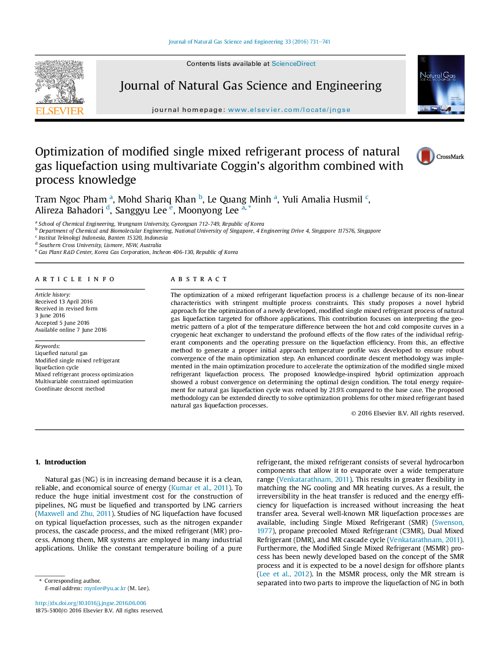 Optimization of modified single mixed refrigerant process of natural gas liquefaction using multivariate Coggin’s algorithm combined with process knowledge