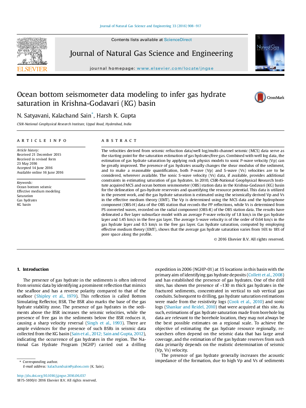 Ocean bottom seismometer data modeling to infer gas hydrate saturation in Krishna-Godavari (KG) basin