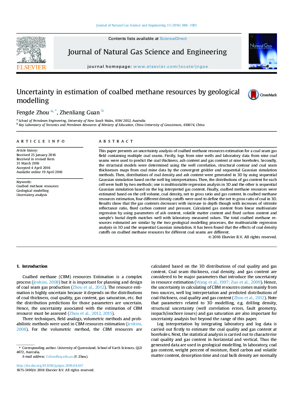 Uncertainty in estimation of coalbed methane resources by geological modelling