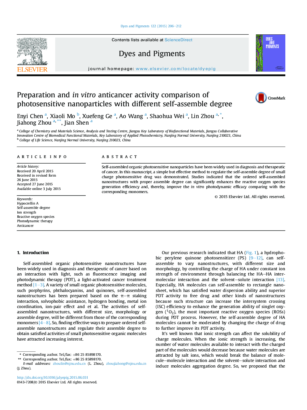 Preparation and in vitro anticancer activity comparison of photosensitive nanoparticles with different self-assemble degree