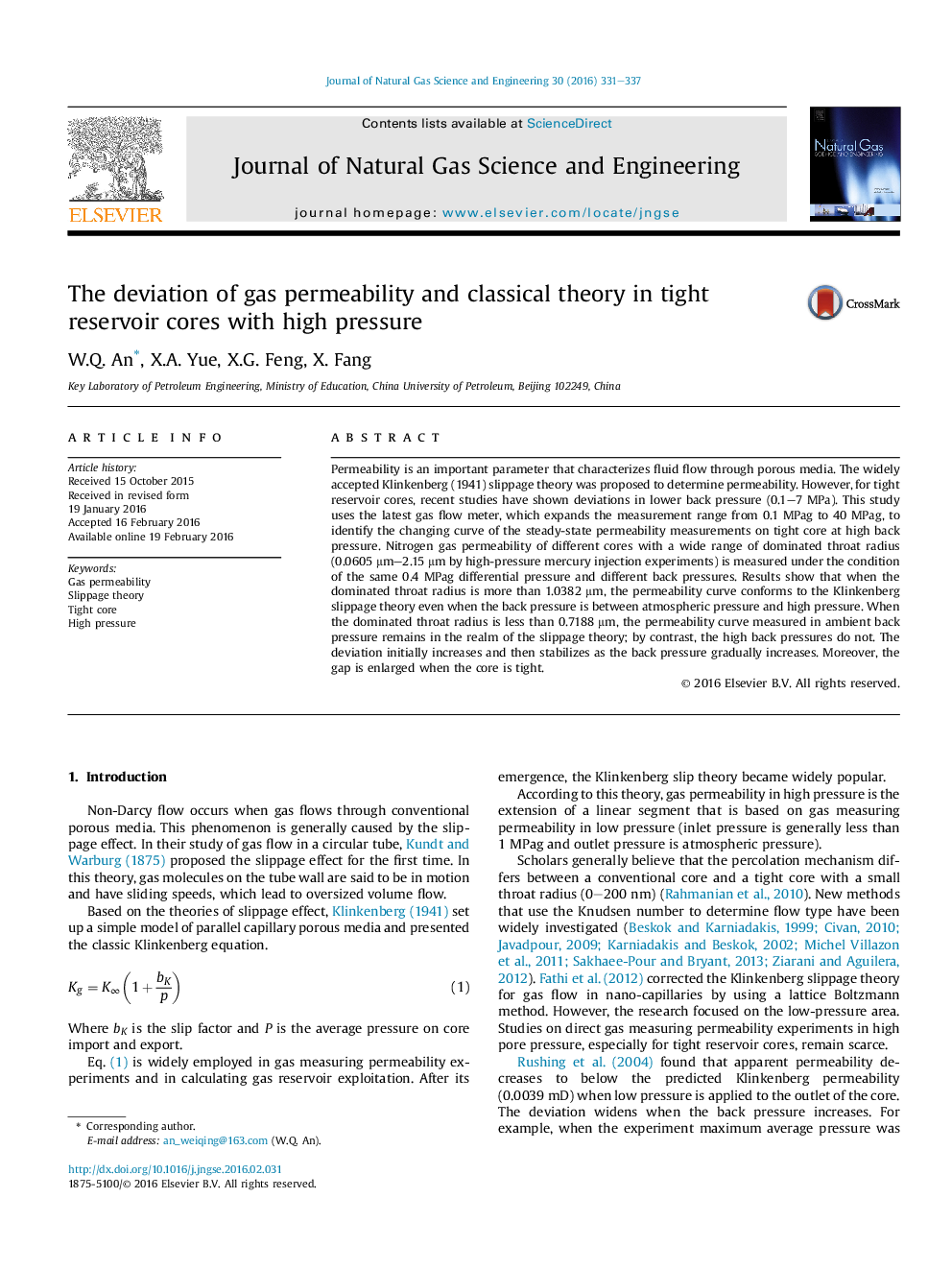 The deviation of gas permeability and classical theory in tight reservoir cores with high pressure