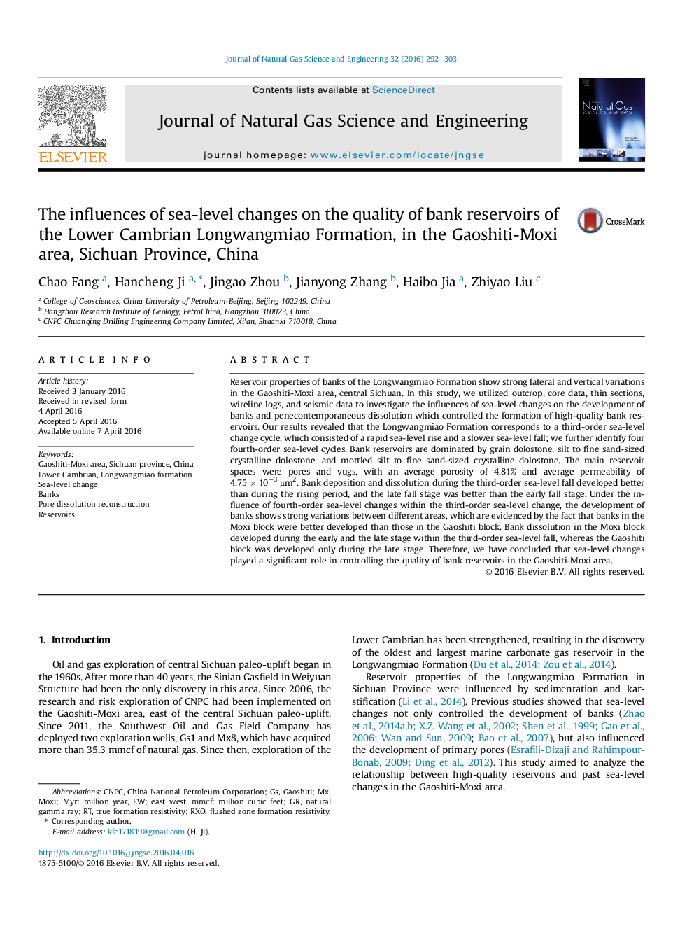 The influences of sea-level changes on the quality of bank reservoirs of the Lower Cambrian Longwangmiao Formation, in the Gaoshiti-Moxi area, Sichuan Province, China