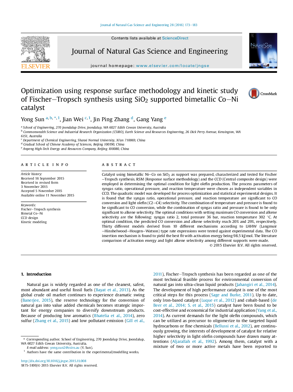 Optimization using response surface methodology and kinetic study of Fischer–Tropsch synthesis using SiO2 supported bimetallic Co–Ni catalyst