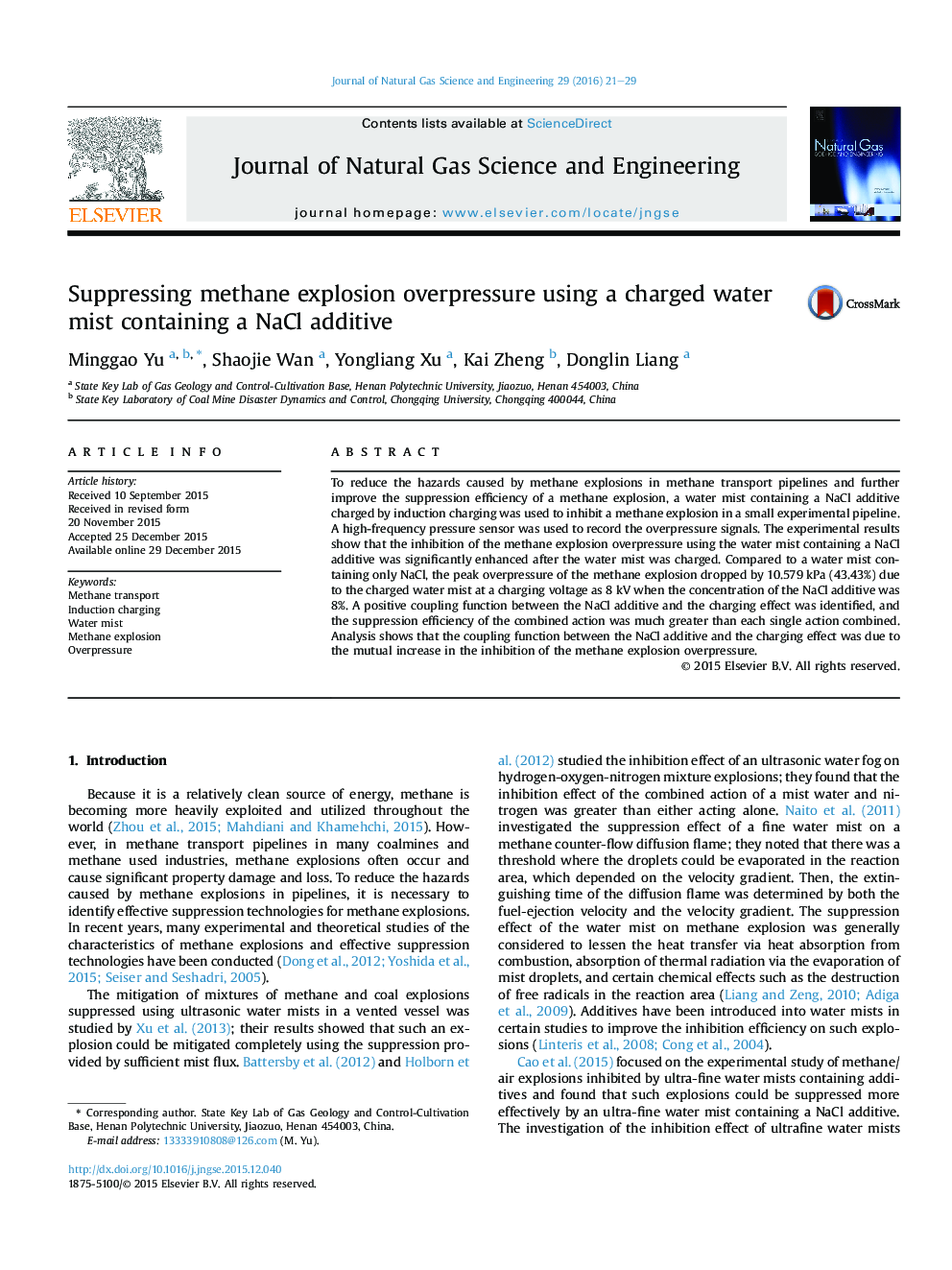 Suppressing methane explosion overpressure using a charged water mist containing a NaCl additive