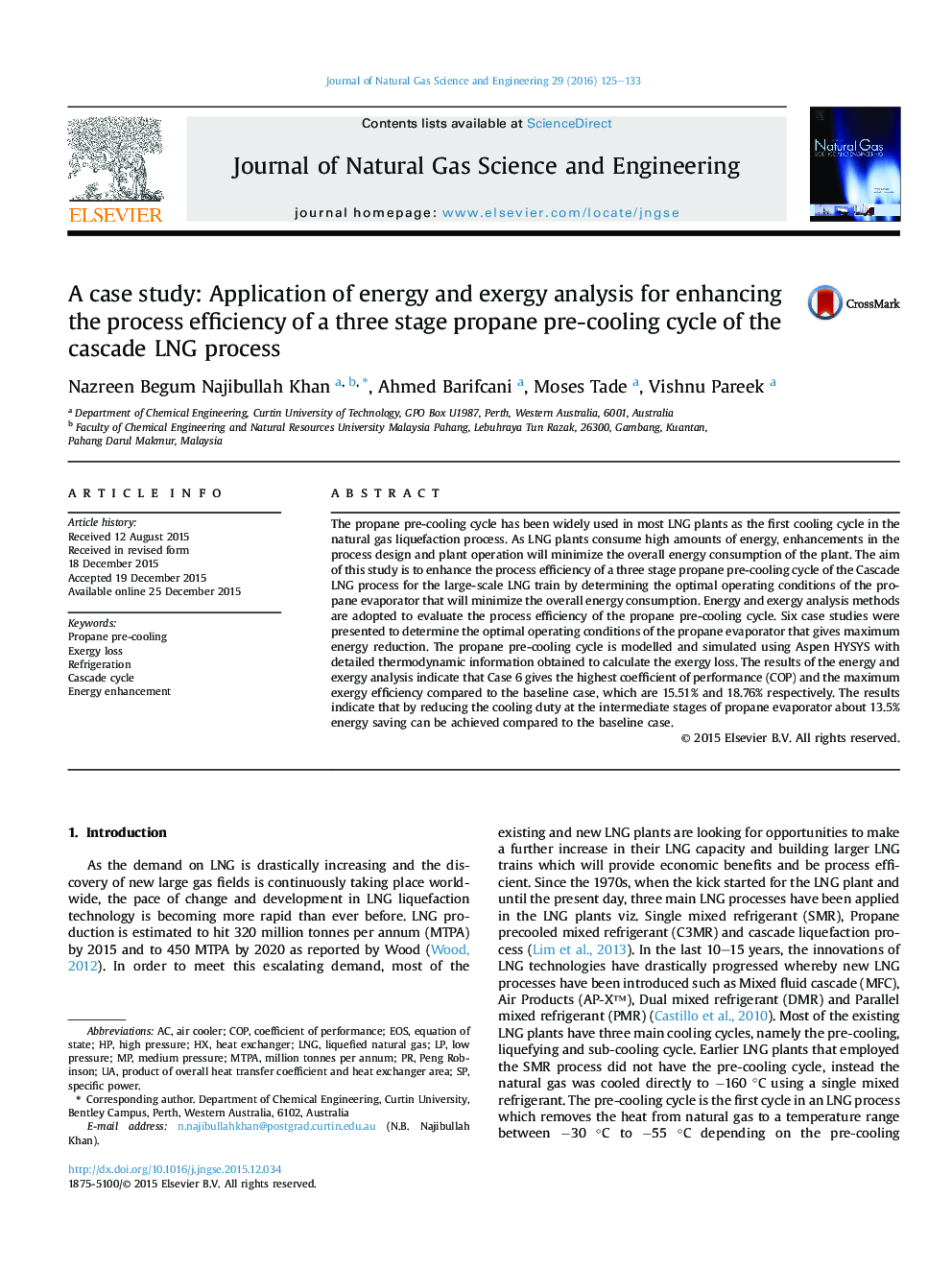 A case study: Application of energy and exergy analysis for enhancing the process efficiency of a three stage propane pre-cooling cycle of the cascade LNG process