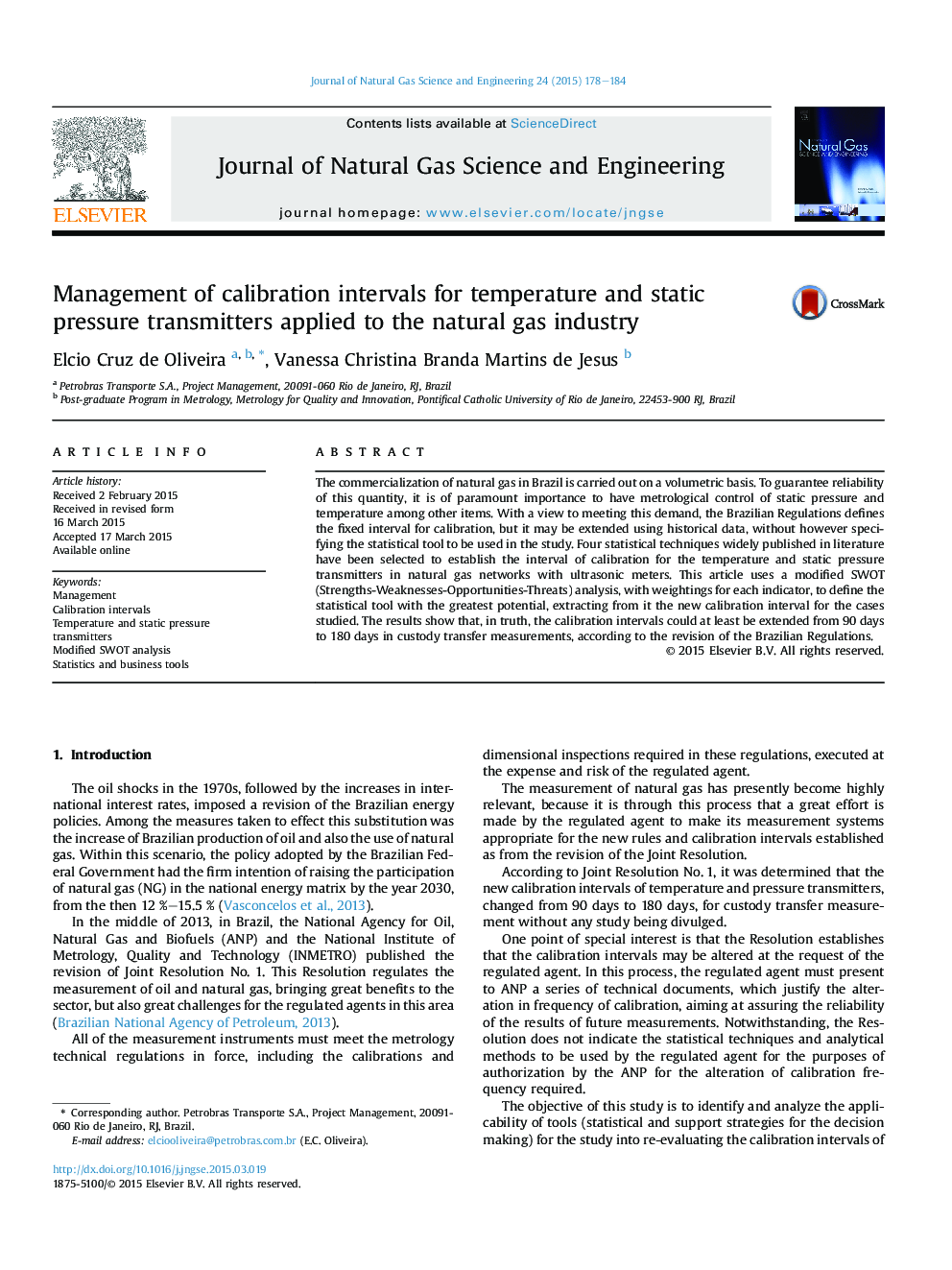 Management of calibration intervals for temperature and static pressure transmitters applied to the natural gas industry