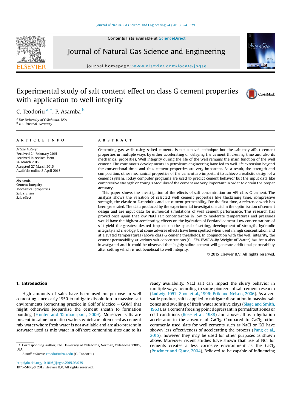 Experimental study of salt content effect on class G cement properties with application to well integrity