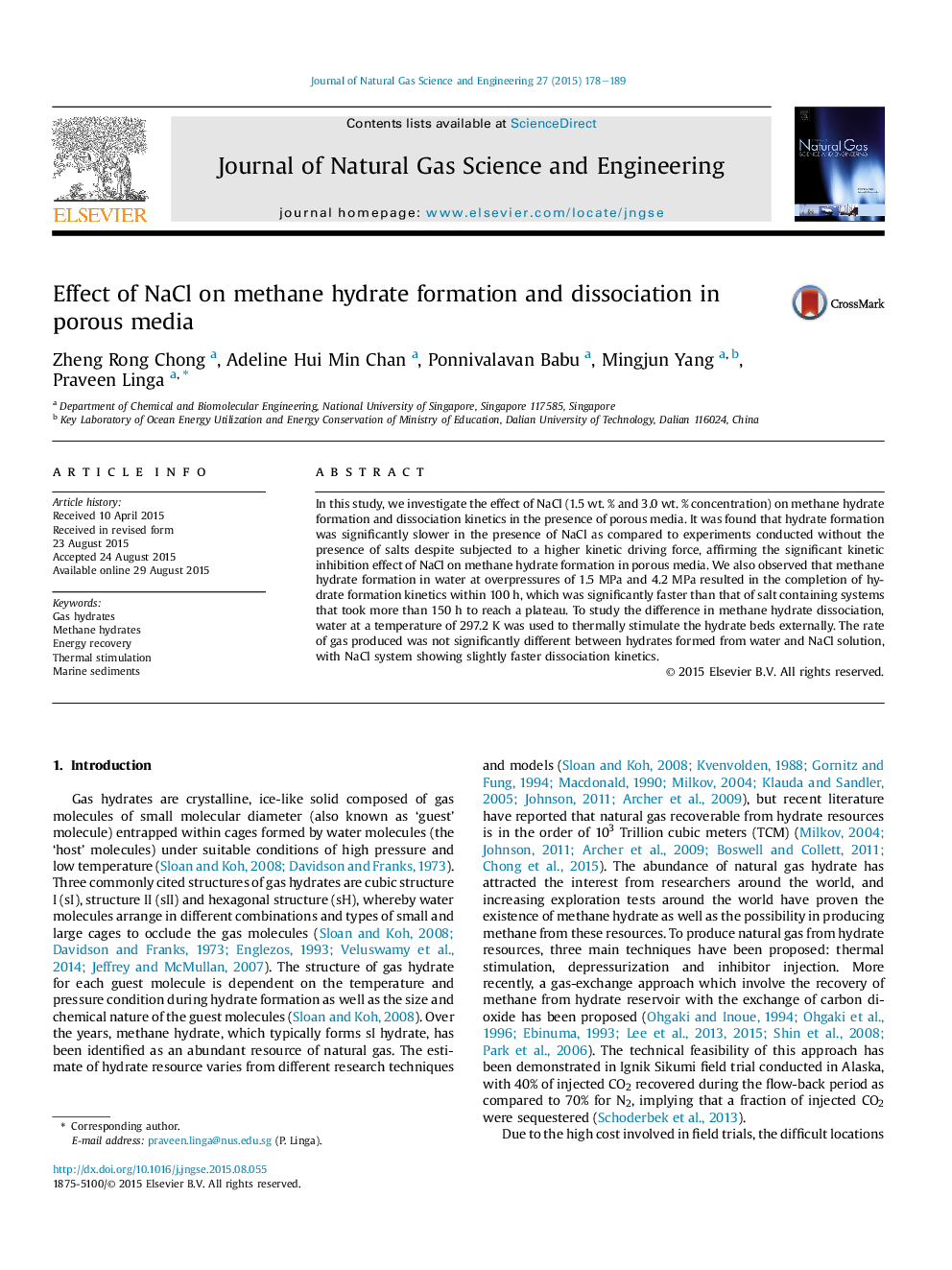 عکس صفحه اول مقاله: Effect of NaCl on methane hydrate formation and dissociation in porous media Effect of NaCl on methane hydrate formation and dissociation in porous media
