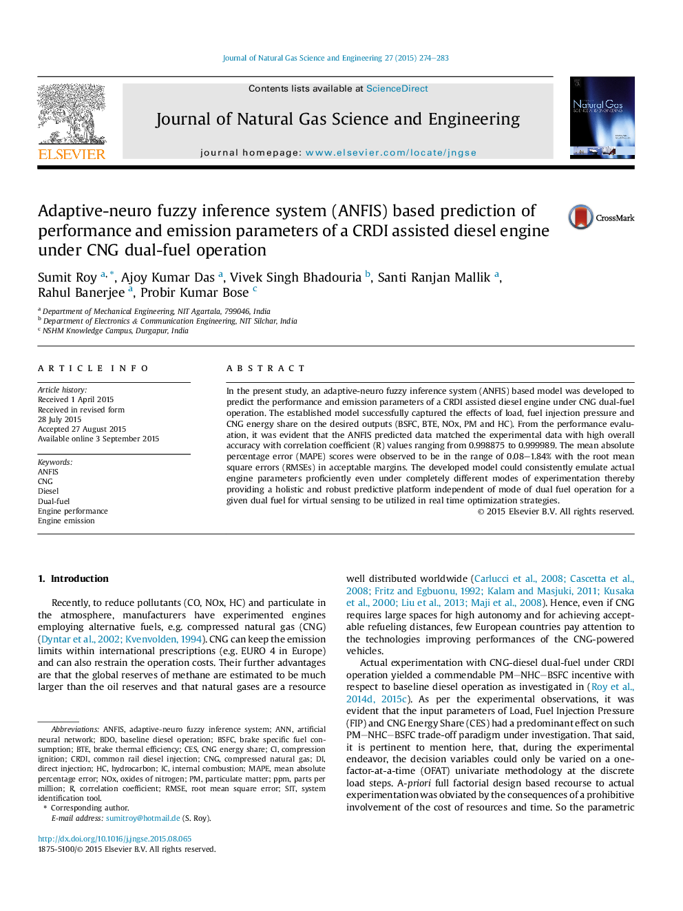 Adaptive-neuro fuzzy inference system (ANFIS) based prediction of performance and emission parameters of a CRDI assisted diesel engine under CNG dual-fuel operation