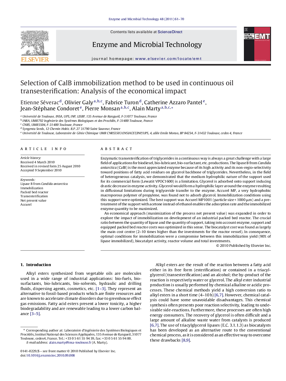 Selection of CalB immobilization method to be used in continuous oil transesterification: Analysis of the economical impact