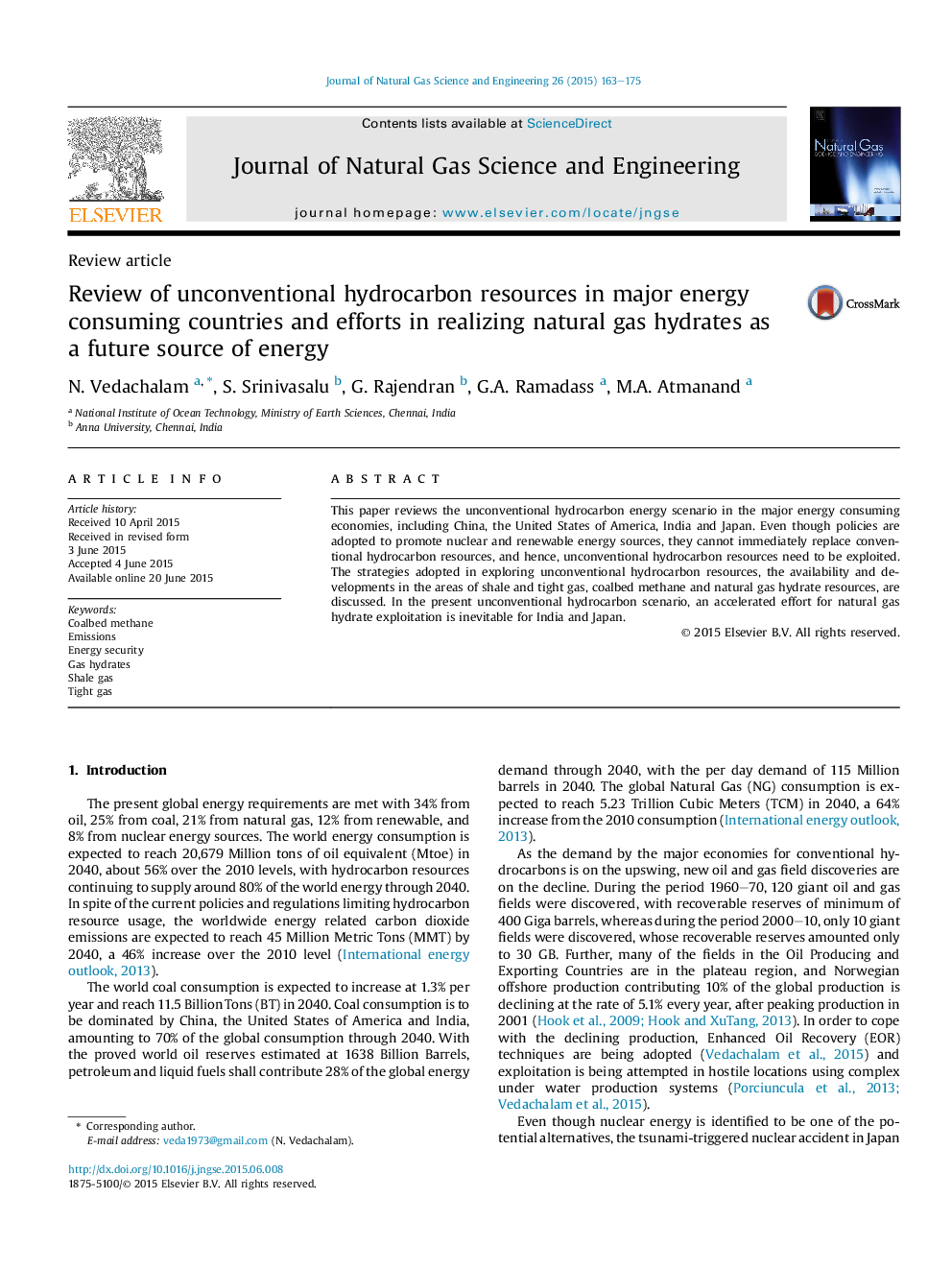 Review of unconventional hydrocarbon resources in major energy consuming countries and efforts in realizing natural gas hydrates as aÂ future source of energy