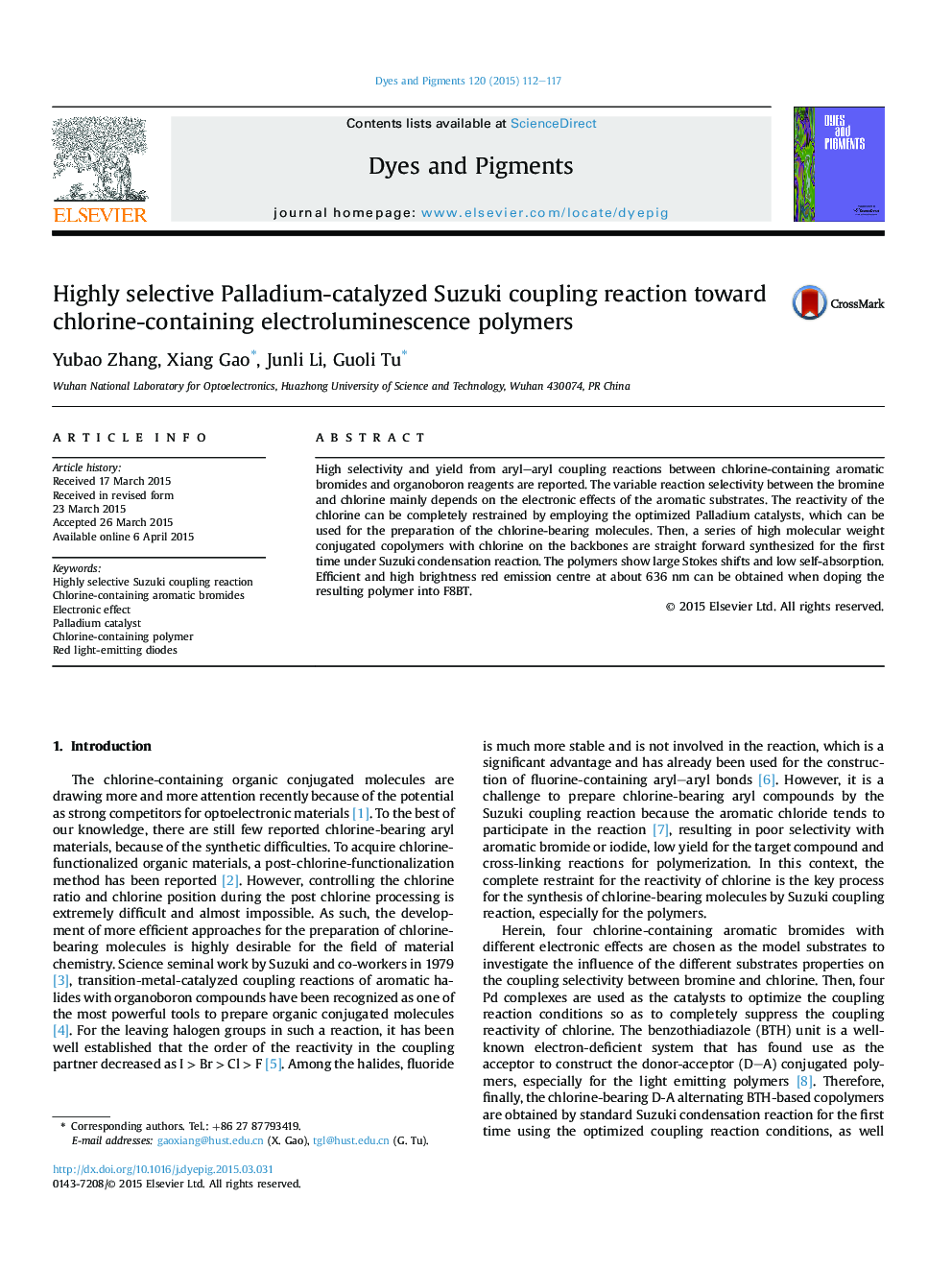 واکنش جفتگیری سوزوکی بسیار کاتالیز شده پالادیوم نسبت به پلیمرهای الکترولیومینسانس حاوی کلر 