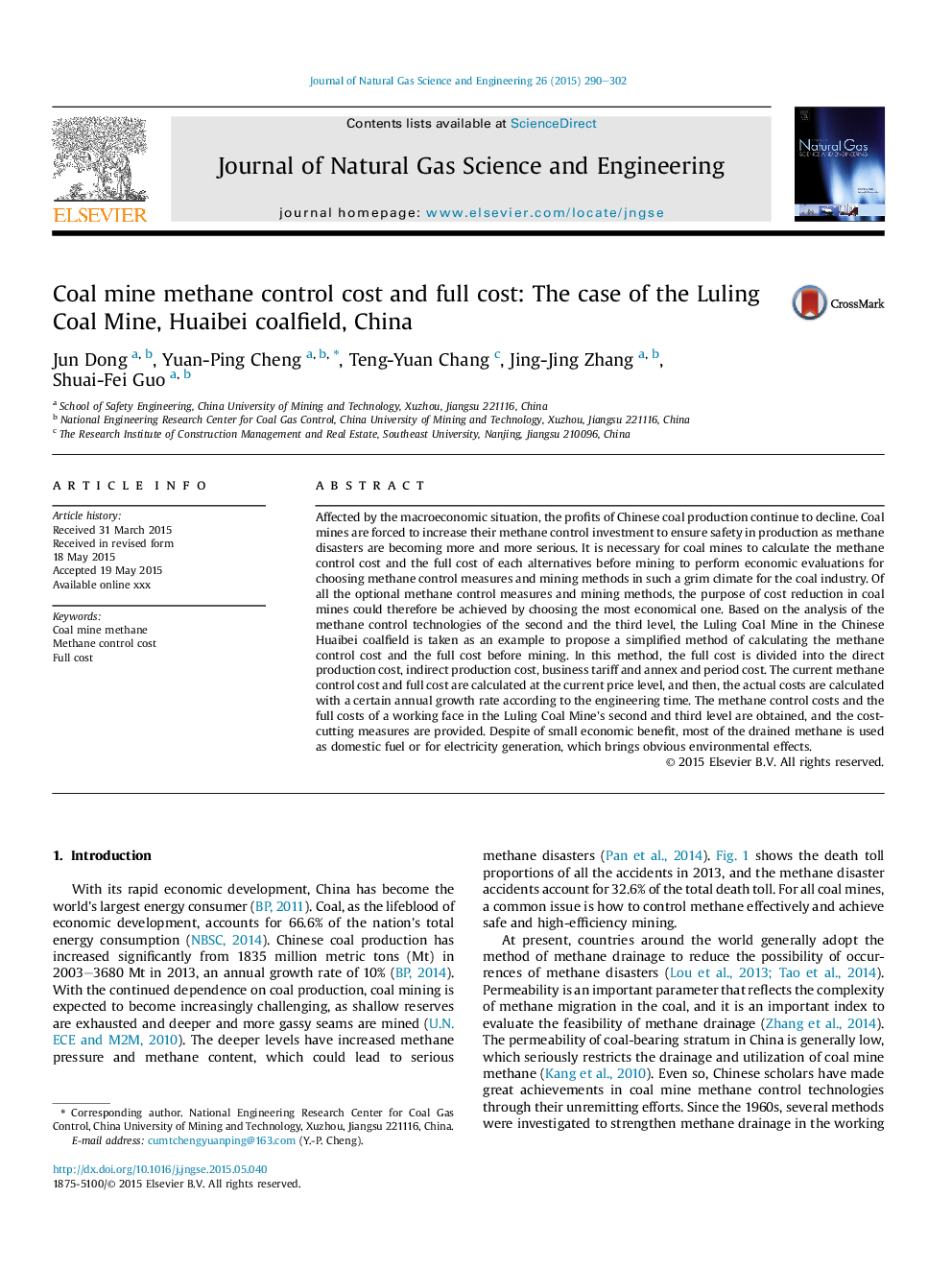 Coal mine methane control cost and full cost: The case of the Luling Coal Mine, Huaibei coalfield, China