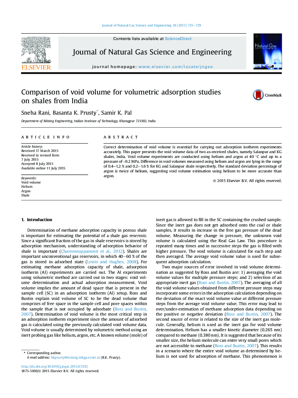 Comparison of void volume for volumetric adsorption studies on shales from India