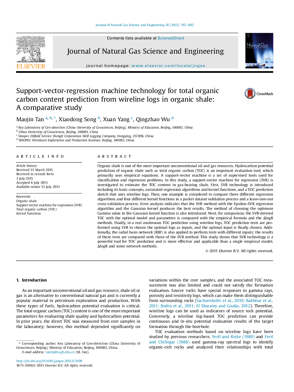 Support-vector-regression machine technology for total organic carbon content prediction from wireline logs in organic shale: AÂ comparative study