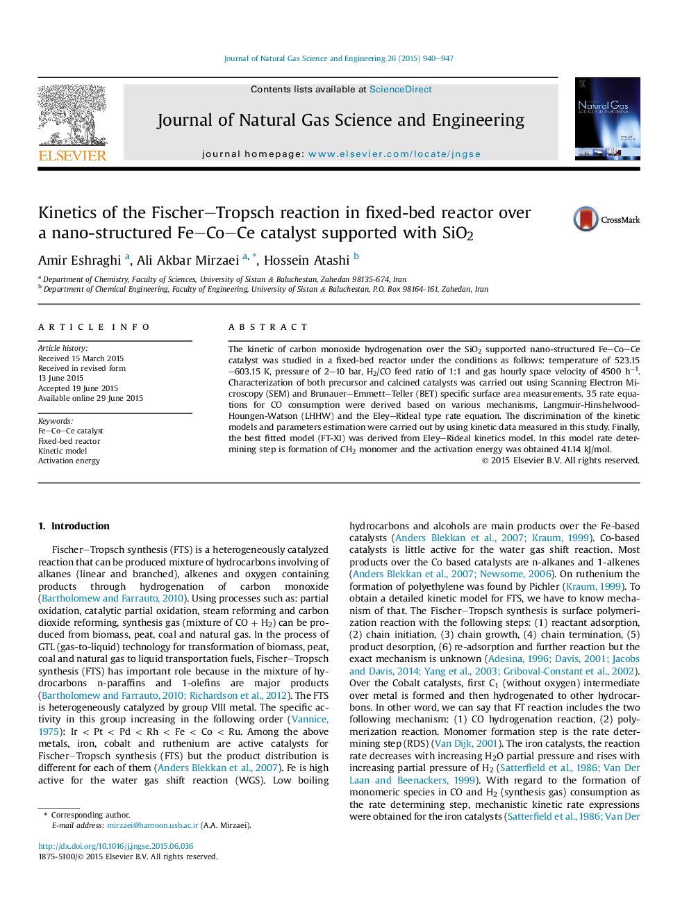 Kinetics of the Fischer–Tropsch reaction in fixed-bed reactor over a nano-structured Fe–Co–Ce catalyst supported with SiO2