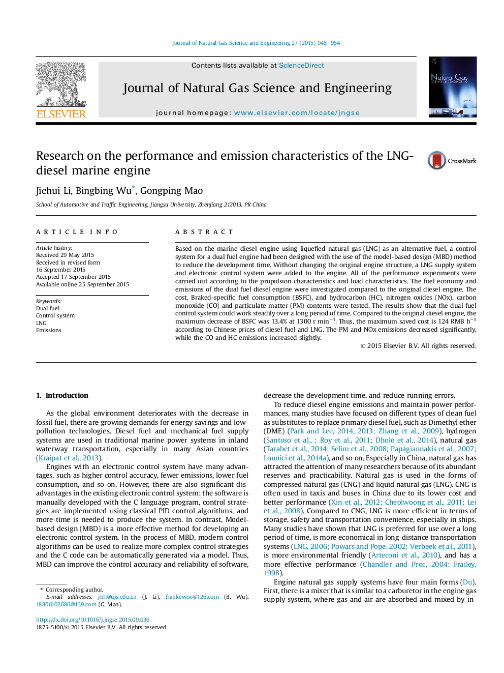 Research on the performance and emission characteristics of the LNG-diesel marine engine