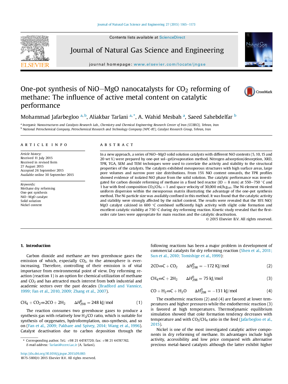 One-pot synthesis of NiO–MgO nanocatalysts for CO2 reforming of methane: The influence of active metal content on catalytic performance