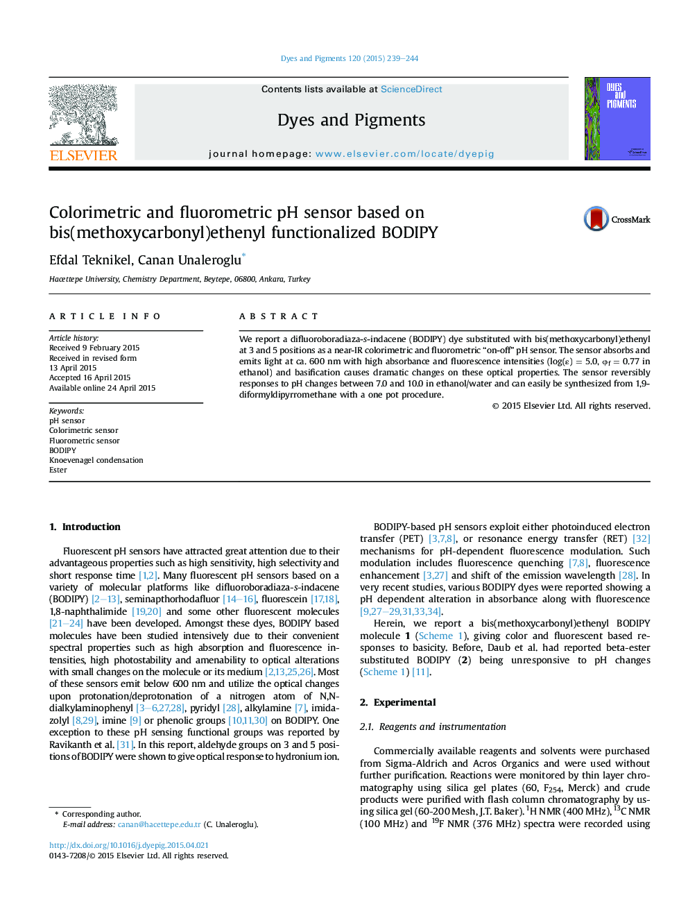 Colorimetric and fluorometric pH sensor based on bis(methoxycarbonyl)ethenyl functionalized BODIPY