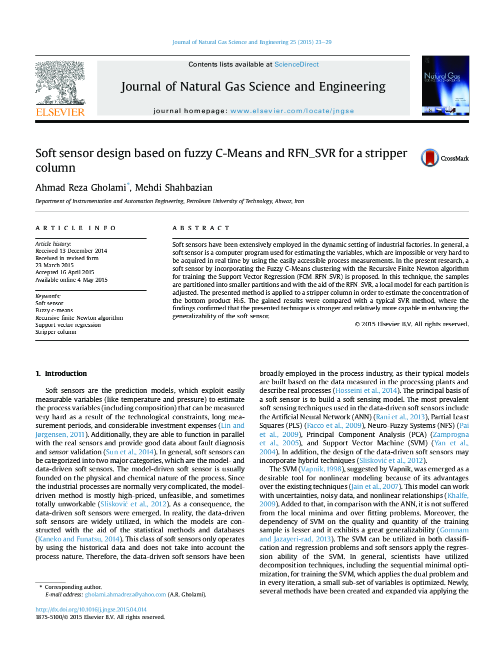 Soft sensor design based on fuzzy C-Means and RFN_SVR for a stripper column