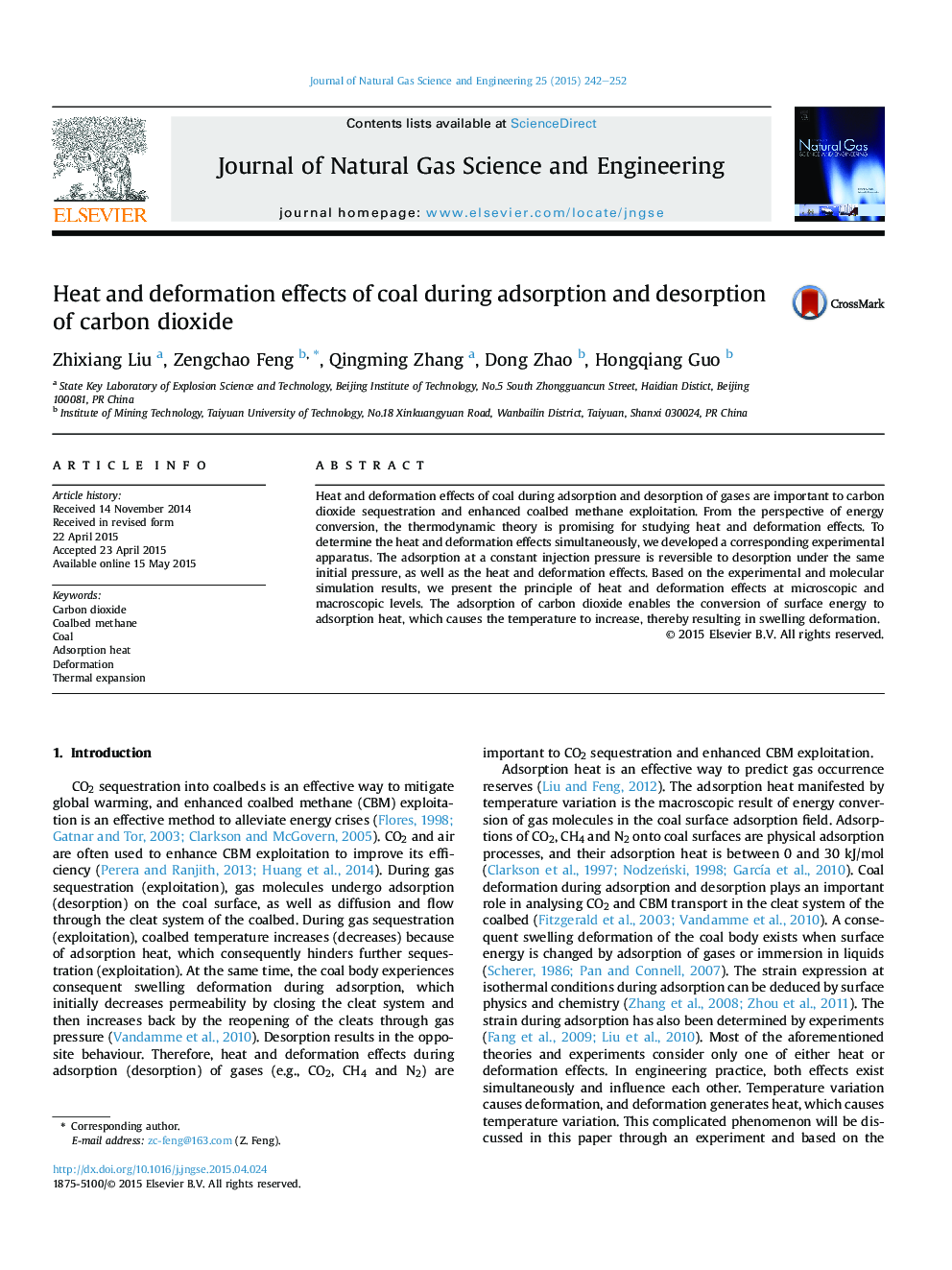 Heat and deformation effects of coal during adsorption and desorption of carbon dioxide