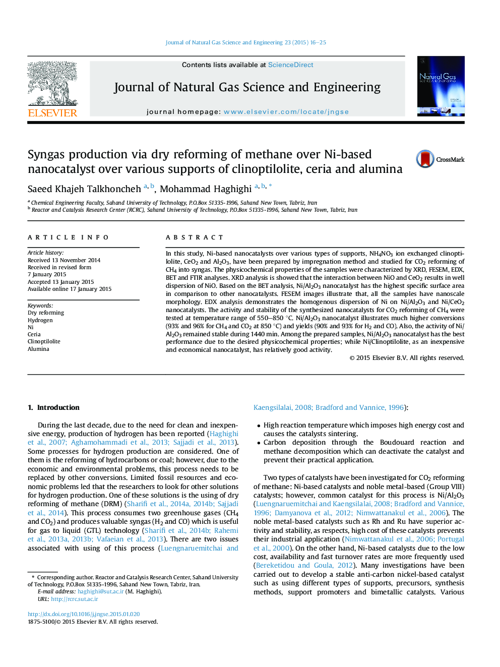 Syngas production via dry reforming of methane over Ni-based nanocatalyst over various supports of clinoptilolite, ceria and alumina