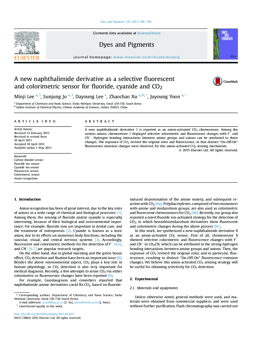 A new naphthalimide derivative as a selective fluorescent and colorimetric sensor for fluoride, cyanide and CO2