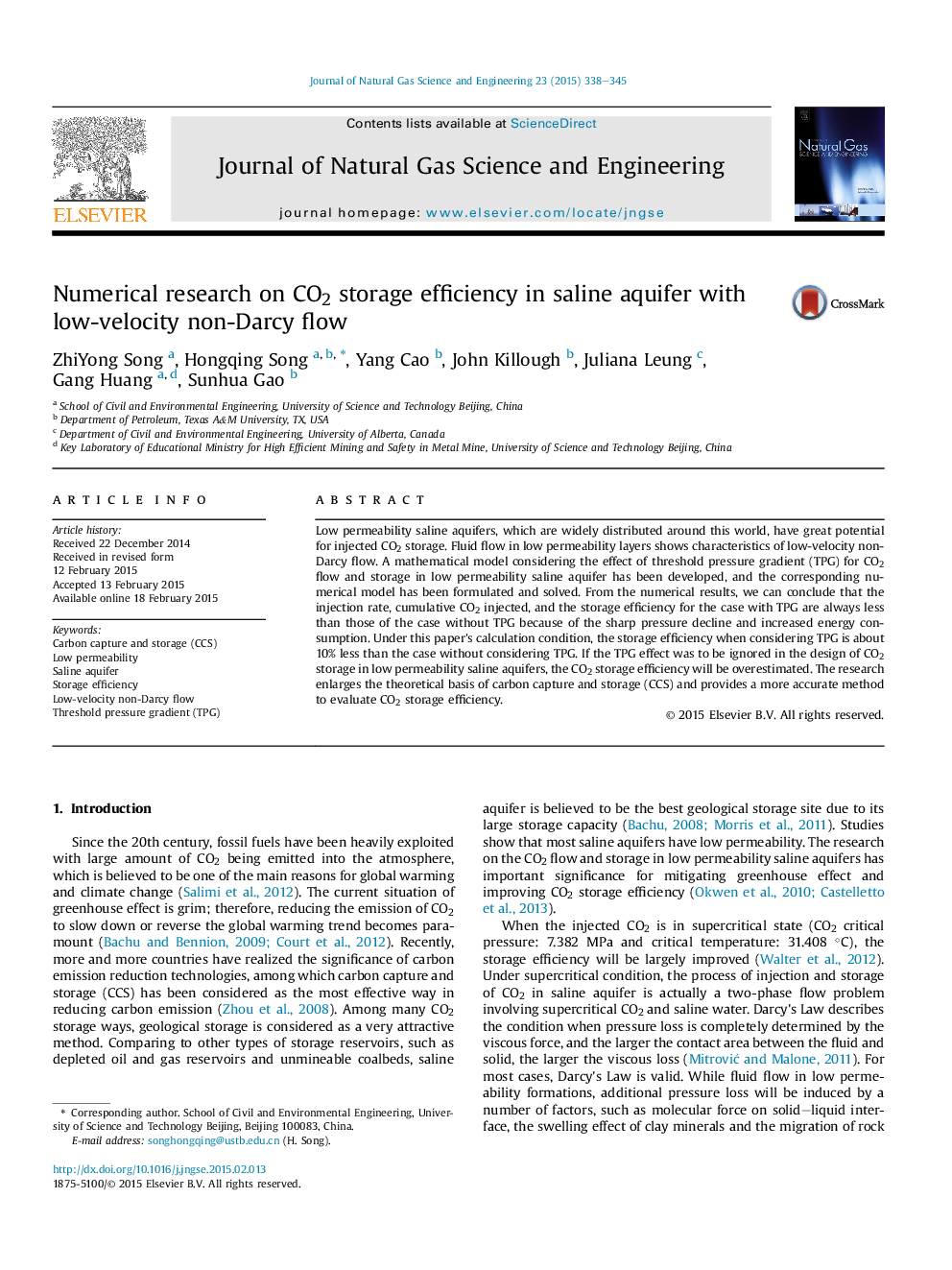 Numerical research on CO2 storage efficiency in saline aquifer with low-velocity non-Darcy flow