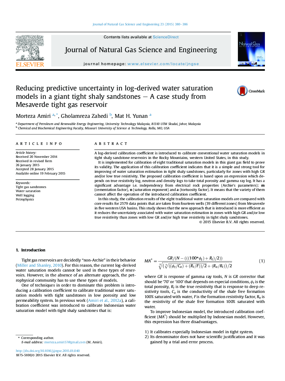 Reducing predictive uncertainty in log-derived water saturation models in a giant tight shaly sandstones – A case study from Mesaverde tight gas reservoir