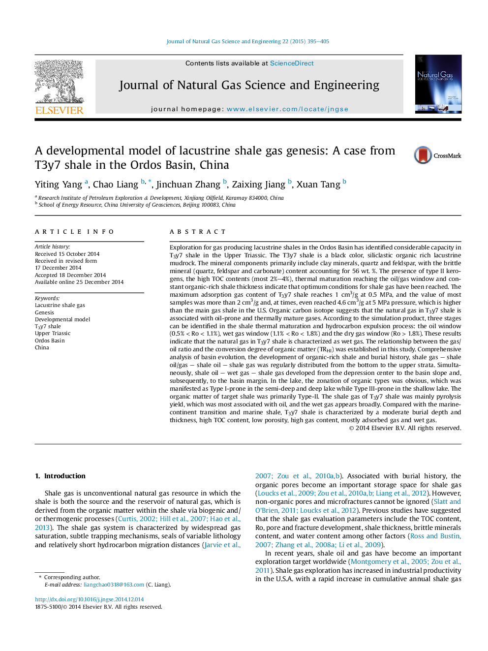 A developmental model of lacustrine shale gas genesis: A case from T3y7 shale in the Ordos Basin, China