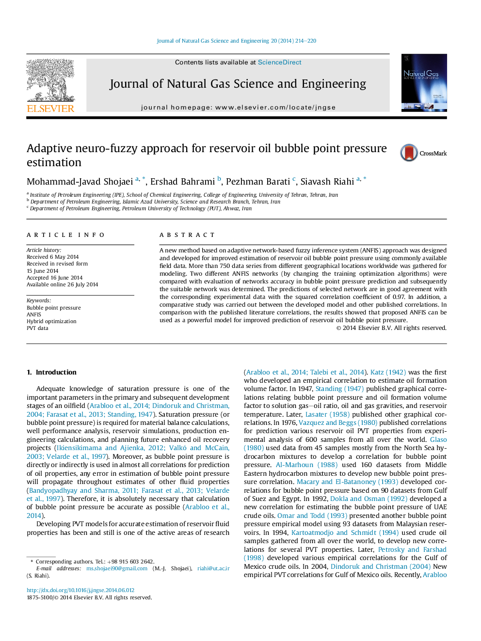 Adaptive neuro-fuzzy approach for reservoir oil bubble point pressure estimation