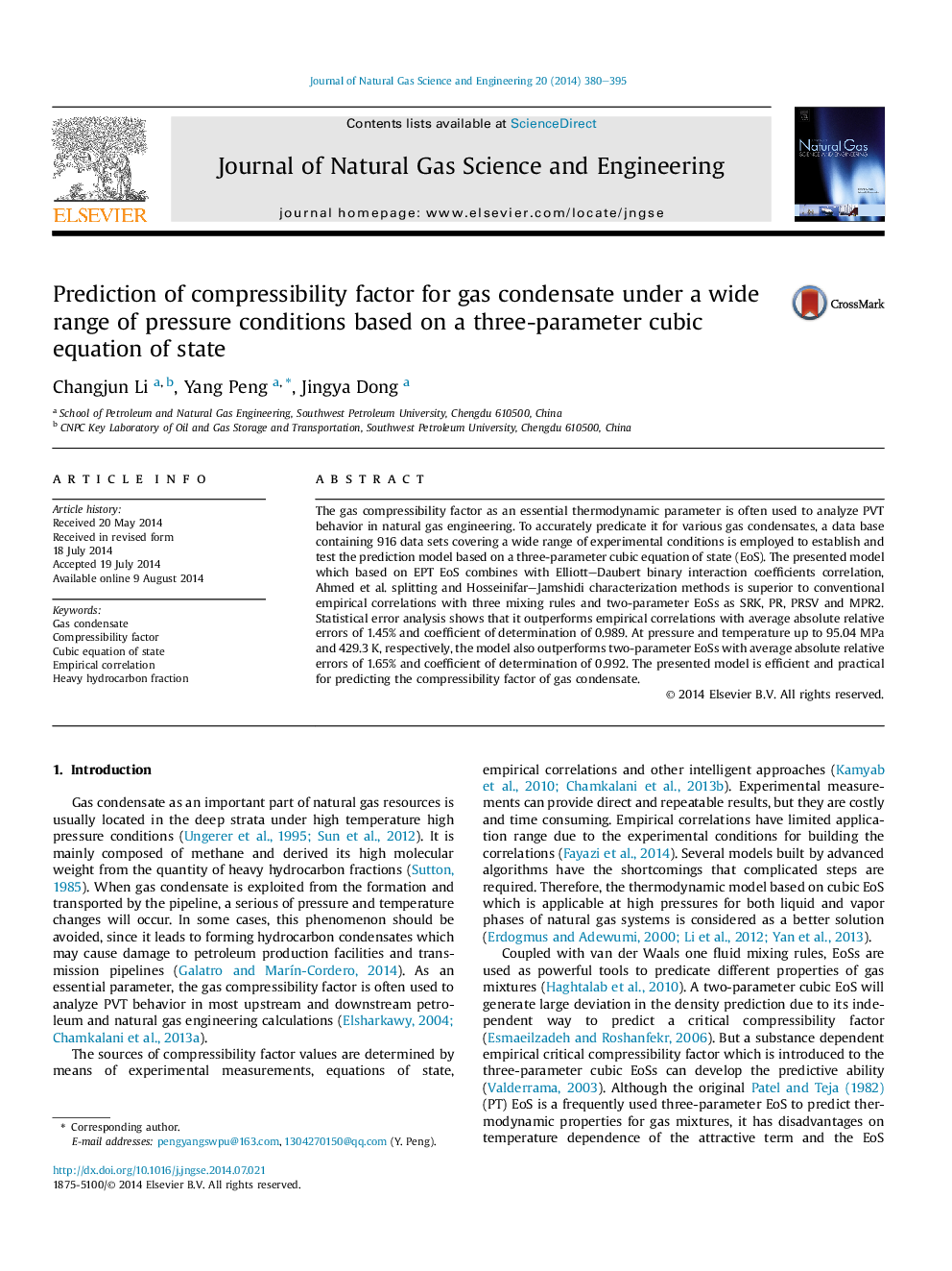 Prediction of compressibility factor for gas condensate under a wide range of pressure conditions based on a three-parameter cubic equation of state