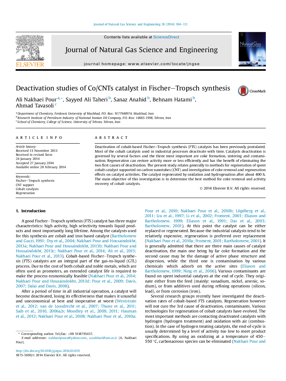 Deactivation studies of Co/CNTs catalyst in Fischer–Tropsch synthesis