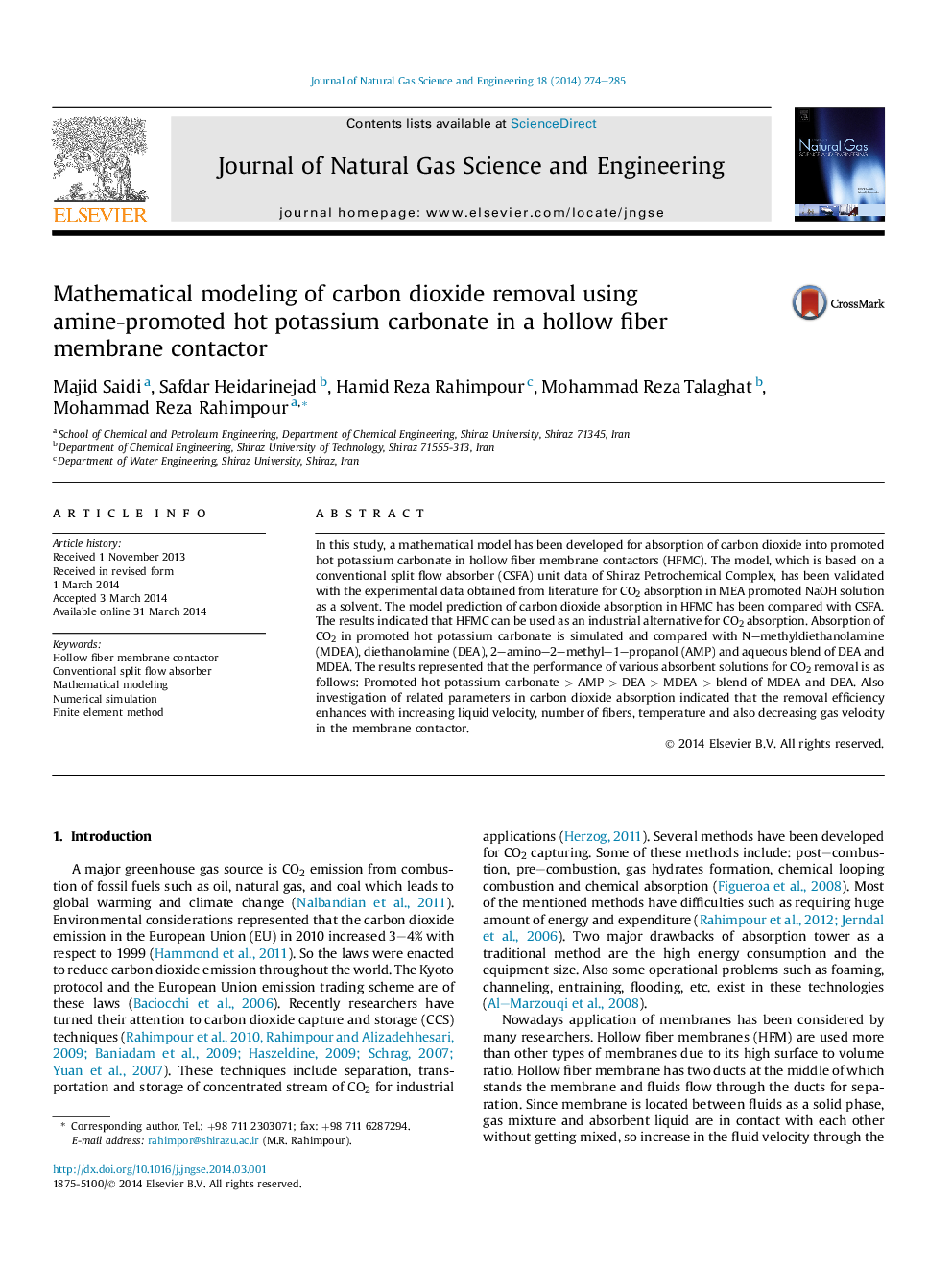 Mathematical modeling of carbon dioxide removal using amine-promoted hot potassium carbonate in a hollow fiber membrane contactor