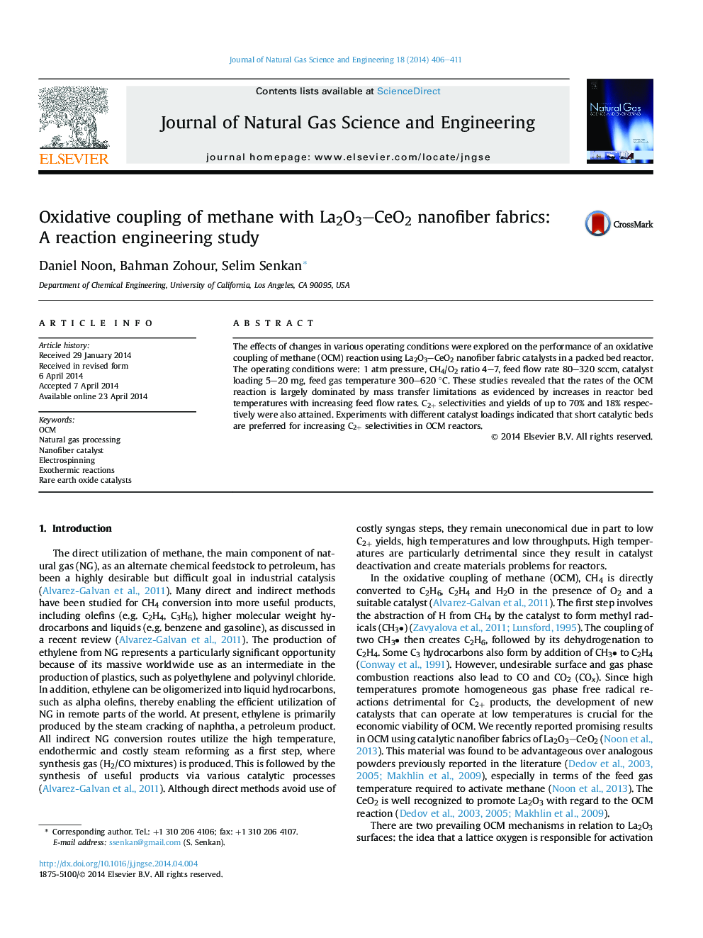 Oxidative coupling of methane with La2O3–CeO2 nanofiber fabrics: A reaction engineering study