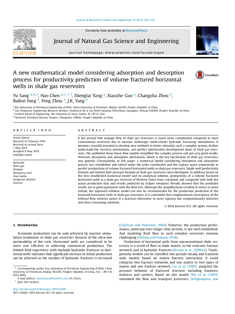 A new mathematical model considering adsorption and desorption process for productivity prediction of volume fractured horizontal wells in shale gas reservoirs