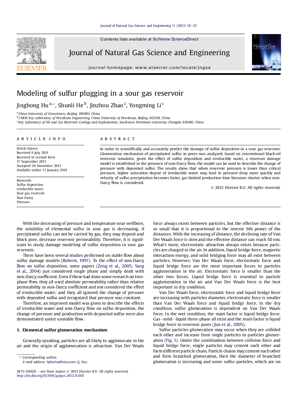 Modeling of sulfur plugging in a sour gas reservoir