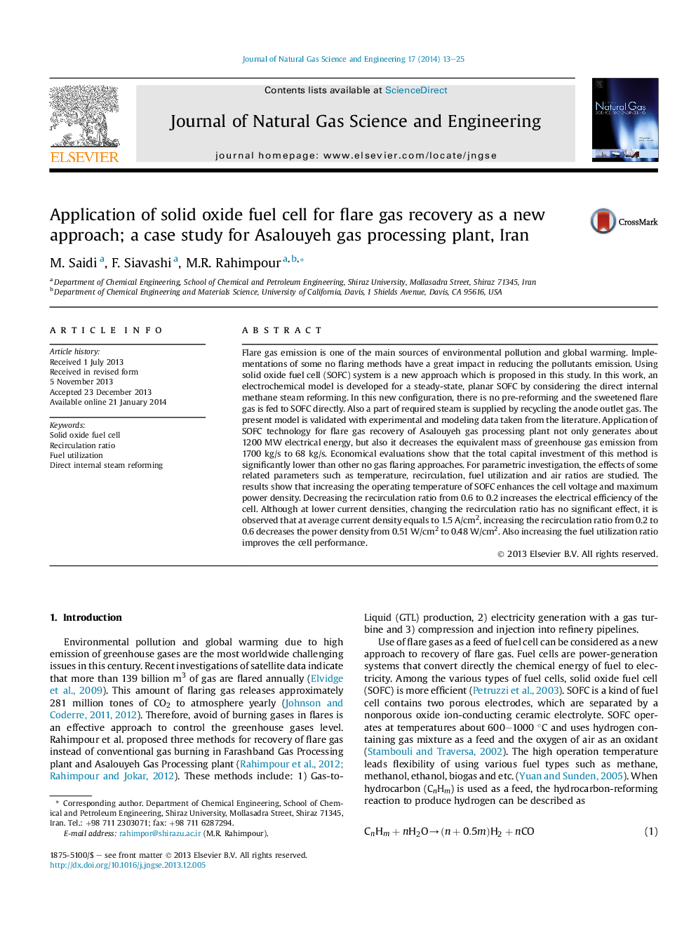 استفاده از سلول سوختی اکسید جامد برای بازیابی گازهای گلخانه ای به عنوان یک رویکرد جدید؛ یک مطالعه موردی برای کارخانه پردازش گاز عسلویه، ایران 