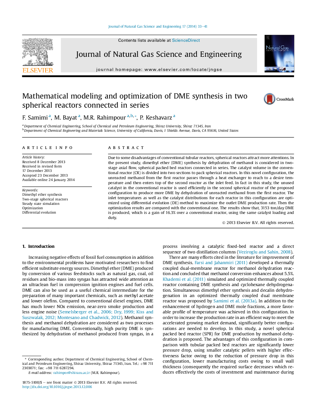 Mathematical modeling and optimization of DME synthesis in two spherical reactors connected in series