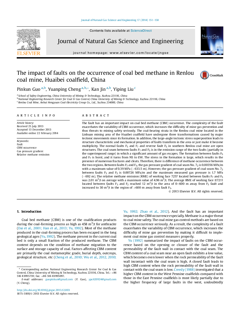 The impact of faults on the occurrence of coal bed methane in Renlou coal mine, Huaibei coalfield, China