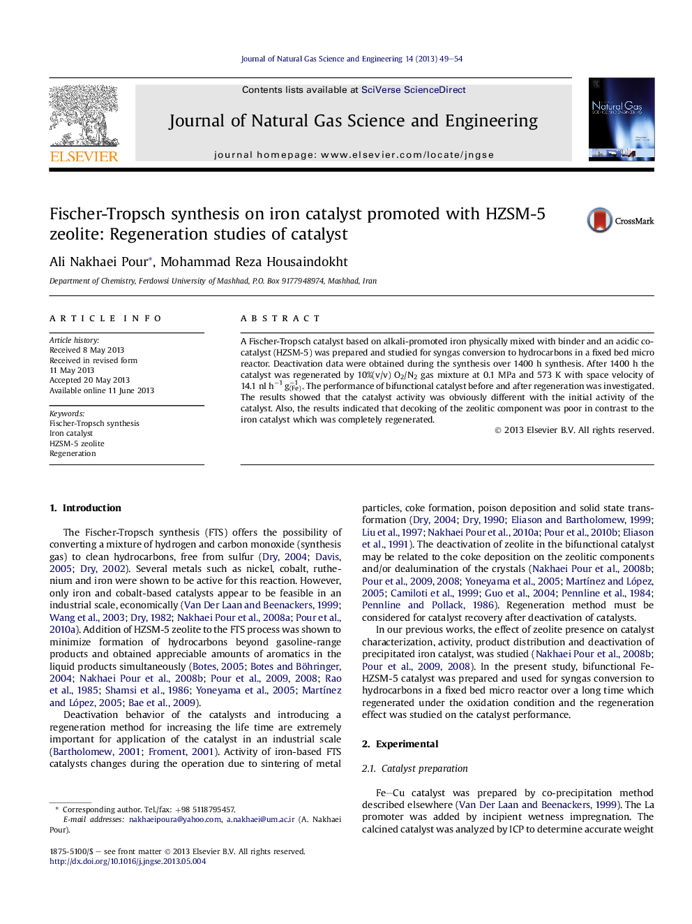 Fischer-Tropsch synthesis on iron catalyst promoted with HZSM-5 zeolite: Regeneration studies of catalyst