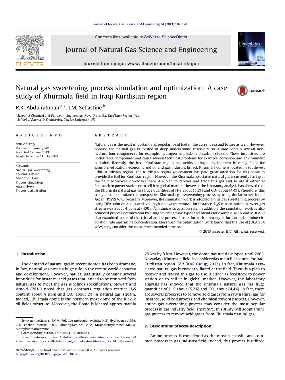 Natural gas sweetening process simulation and optimization: A case study of Khurmala field in Iraqi Kurdistan region