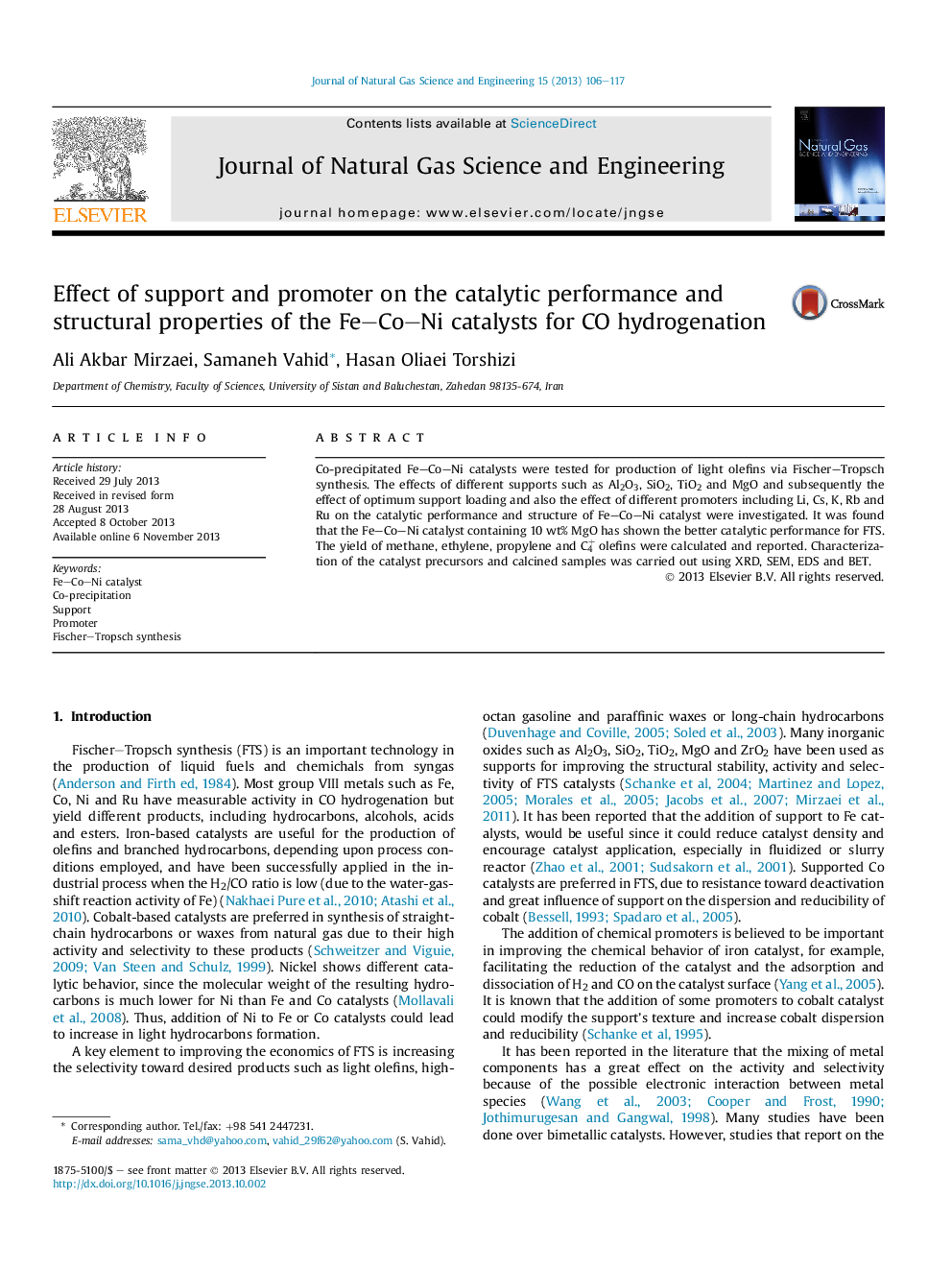 Effect of support and promoter on the catalytic performance and structural properties of the Fe–Co–Ni catalysts for CO hydrogenation