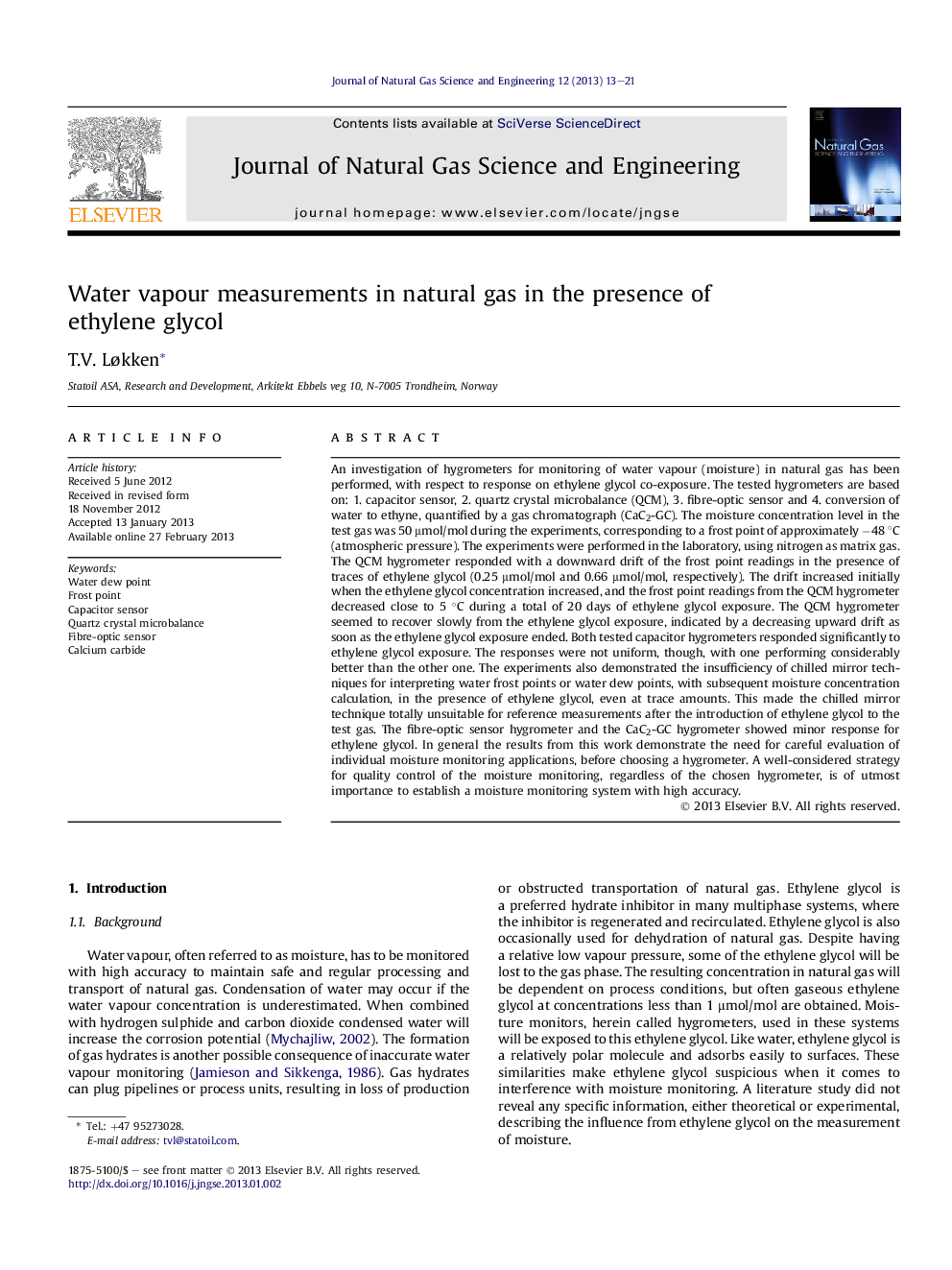 Water vapour measurements in natural gas in the presence of ethylene glycol